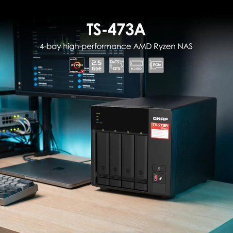 Heavy-Duty 4-Bay Desktop Nas Built To Crush Massive Data Loads Without Breaking A Sweat showing front view with USB port.