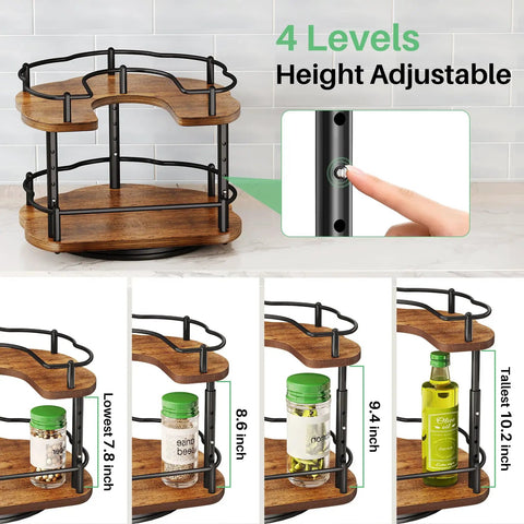 Two Tier In Cabinet Spice Rack Organizer With Rotating Lazy Susan No Brainer Space Saver For 11 Inch Wide Cabinets Adjustable Height With More Than 10 Inch Clearance Easy Reach Spice Carousel showcasing 4 height levels.