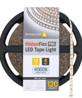 Spool of 12V White LED Strip Lights RibbonFlex Pro, 120 LEDs Per Meter, 4000K Daylight White, 32.8 Ft roll in packaging.