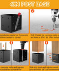 Installation guide for thickened 4x4 post base for concrete with hidden anchor and raised base design, steps 1 to 4 shown