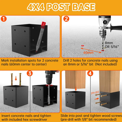 Installation guide for thickened 4x4 post base for concrete with hidden anchor and raised base design, steps 1 to 4 shown