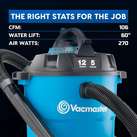 Close-up of Beast 12 Gallon Wet Dry Vacuum With Detachable Blower, showing 5 Peak HP, 106 CFM Airflow features.