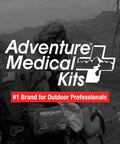 Adventure Medical Kits Mountain Series Backpacker Medical Kit, 96 pieces, blue/orange, attached to a hiking backpack.