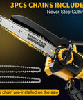 Slick 4 In 1 Cordless Pole Saw And Electric Pruning Shears Kit features 8" chainsaw attachment with three additional chains included.