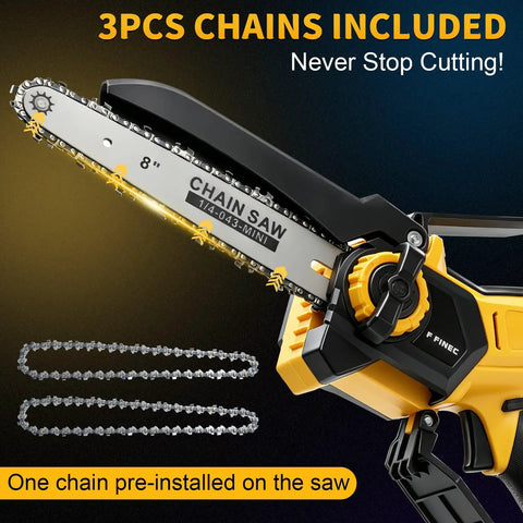 Slick 4 In 1 Cordless Pole Saw And Electric Pruning Shears Kit features 8" chainsaw attachment with three additional chains included.