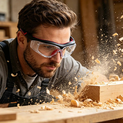 Anti Fog Scratch Resistant Safety Goggles With UV400 Lens Coating And HD Optics deliver pristine sight for daily grind, worn during woodwork.