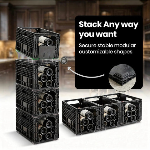 Stackable Wine Storage Crates Modular System For Cabinets And Cellars, 12 Bottle Capacity Per Crate, Side View.