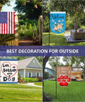 Premium Heavy Duty Garden Flag Holder Stand With Rugged All Weather Metal Flagpole And Secure Clip Included Built Tough For Windy Days And Year Round Backyard Display with various decorative flags.
