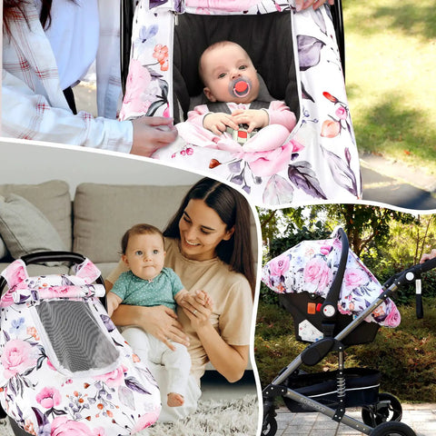 Girls Car Seat Cover Pea Pod Infant Canopy With Dual Windows And Breathable Mesh Lightweight Polyester with floral design