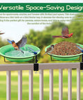 Heavy Duty Deck Mount Bird Bath And Feeder Combo With Snap Lock Railing Clamp, Detachable Green Gradient Basin, Secure Weather Ready Mount For Wild Birds with birds enjoying water and seeds.