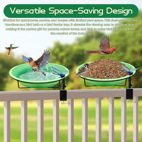 Heavy Duty Deck Mount Bird Bath And Feeder Combo With Snap Lock Railing Clamp, Detachable Green Gradient Basin, Secure Weather Ready Mount For Wild Birds with birds enjoying water and seeds.