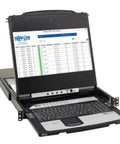 16 Port DisplayPort Kvm Switch Console Featuring 17 Inch Lcd Monitor Rackmount Touchpad And Keyboard setup with LCD monitor and keyboard visible.