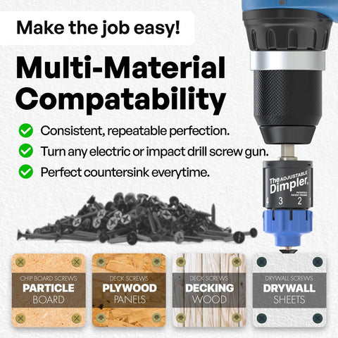 Adjustable Drywall Bit And Screw Gun Attachment with magnetic holder shown with drill, compatible for drywall, decking, plywood work.