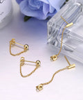 Four Pair Chain Earrings For Women With CZ Ball Studs, Dangling Front To Back Bar Huggie Hoops, Gold Tone Set, Copper Chain Drops, 3cm Length, Stainless Steel Posts, Comfortable Everyday Sparkle.