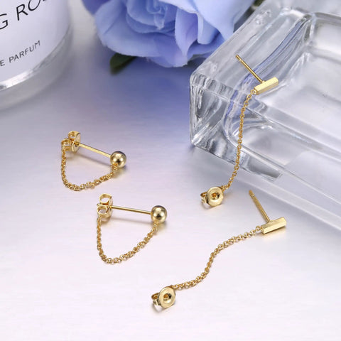 Four Pair Chain Earrings For Women With CZ Ball Studs, Dangling Front To Back Bar Huggie Hoops, Gold Tone Set, Copper Chain Drops, 3cm Length, Stainless Steel Posts, Comfortable Everyday Sparkle.