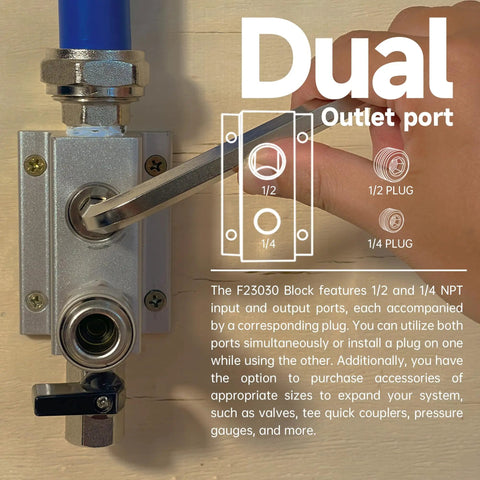 Pro Grade Compressed Air Piping System With Three Quarter Inch ID HDPE Tubing, 200 Feet, Aluminum Outlet Blocks, Garage Air Compressor Line Kit Accessories For Shop Use, 200 PSI, 53 Pieces, 9120, dual outlet port view with 1/2 and 1/4 NPT features.