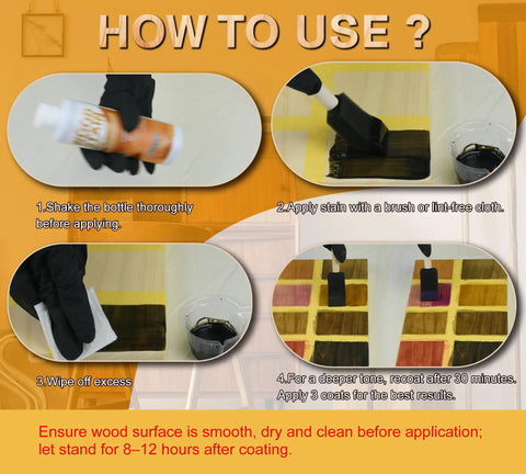 Instructions for using Premium Water Based Wood Stain In Deep Teak Hue for DIY woodworking application steps.