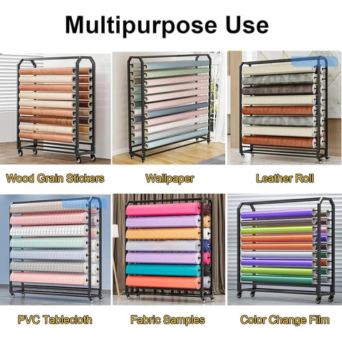 Dang Sturdy Heavy Duty Vinyl Roll Storage Rack displaying wallpaper, leather rolls, and fabric samples for versatile storage.