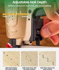 Adjustable nail depth feature shown on Heavy Duty 18 Gauge Pneumatic Brad Nailer Kit Includes Four Thousand Assorted Nails.