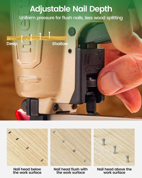 Adjustable nail depth feature shown on Heavy Duty 18 Gauge Pneumatic Brad Nailer Kit Includes Four Thousand Assorted Nails.