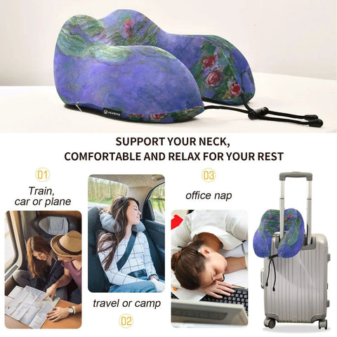 Monet Water Lilies Travel Neck Pillow With Washable Cover Memory Foam Support Cushion for planes, trains, office, and home use.