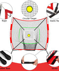 Portable Baseball And Softball Net 6x6ft With Sturdy Bow Frame And Carry Bag For Hitting And Pitching Circular Target And Strike Zone For Accurate Practice Great For Kids showing net frame, circular target, and components.