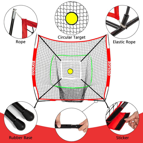 Portable Baseball And Softball Net 6x6ft With Sturdy Bow Frame And Carry Bag For Hitting And Pitching Circular Target And Strike Zone For Accurate Practice Great For Kids showing net frame, circular target, and components.