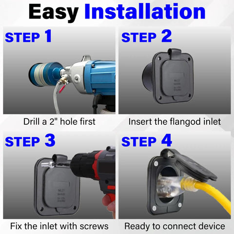 Easy installation steps for Badass NEMA 15 Amp Flanged RV Shore Power Inlet 5 15 125 Volt 2 Pole 3 Wire with power tools.