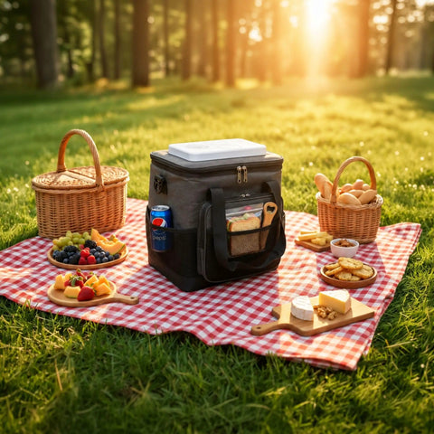 Plug In Electric Portable Cooler And 12V Car Fridge 14 Quart Capacity Soft Sided Travel Bag for Camping and Road Trips on picnic blanket.