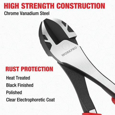 WORKPRO 8-inch high-leverage diagonal pliers, chrome vanadium steel, silver jaws, black handles