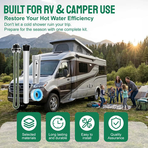 Beefed-Up RV Water Heater Elements Kit For Suburban SW Series Electric Water Heaters with camper setting in background.