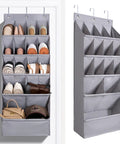 1 Pack Over The Door Shoe Organizer With 15 Large Pockets Hanging Shoe Rack For Closet Or Wall Space Saver Gray Oxford Fabric Holds 15 To 18 Pairs Of Shoes Easy Access And Tangle Free shown hanging on door with shoes and bags