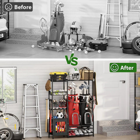 Before and After All In One Sports Gear Organizer For Home Garage Club And Basement With Dual Golf Bag Storage Rack