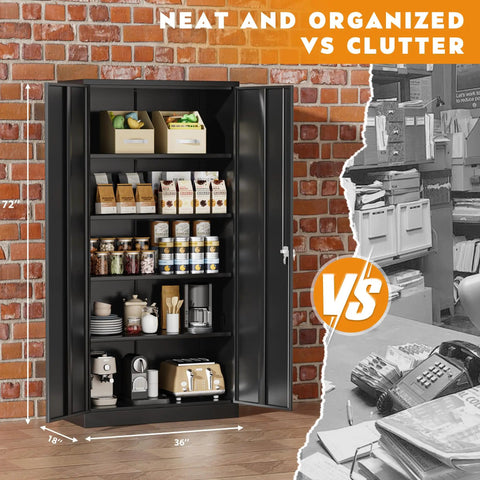 72 Inch Locking Steel Storage Cabinet With Four Adjustable Shelves And Two Doors Black Beefy Heavy Duty Garage File Office Home Organizer For Secure Storage And Easy Access, shown organized vs cluttered office setup