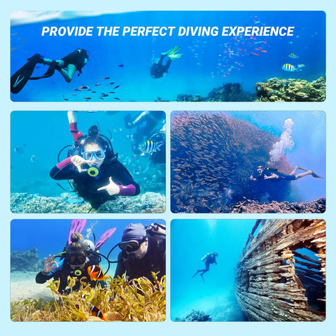 Collage of divers using One Point Nine Liter Mini Scuba Tank With DOT Certified Pony Bottle Portable Grab And Go Underwater Breathing Kit