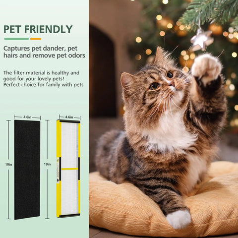 Cat near Christmas tree with images of 2 Pack FLT5000 Filter C Replacement With 6 Activated Carbon Pre Filters dimensions