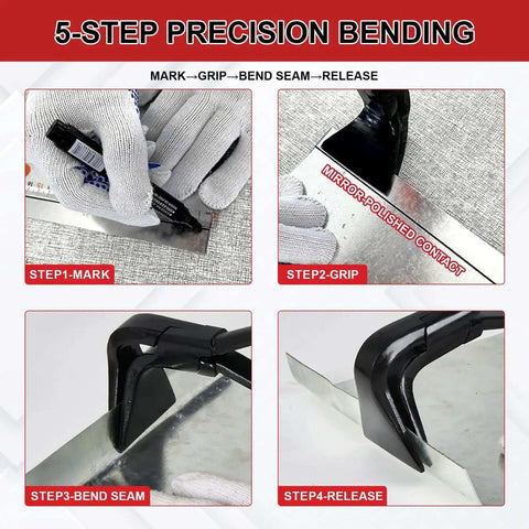 5-step guide using Sheet Metal Bending Pliers Set, 3-Piece Straight 45 Degree 90 Degree Hand Seamer in action for precision bending.