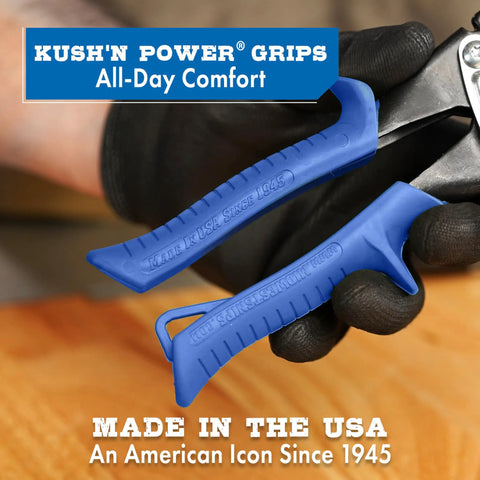 Close-up of blue rubber grips on Power Cutters Long Cut Snips For Straight And Wide Curve Cuts, made in the USA.