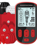 KingPavonini 3-in-1 TENS unit front view; red handheld EMS device with 12 pads and carrying pouch.