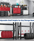 Two Pack Heavy Duty Garage Shelving Unit, Four Tier Industrial Steel Shelves, 2500 Lb Per Shelf, 10000 Lb Total Capacity, Adjustable Shelves, holding tires and tools in a garage.