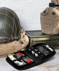 Tactical Survival Sewing Kit With Buttons, Durable Nylon, next to military gear. Compact, portable, EDC ready for travel and emergencies.