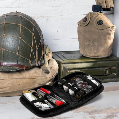 Tactical Survival Sewing Kit With Buttons, Durable Nylon, next to military gear. Compact, portable, EDC ready for travel and emergencies.