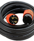 Heavy Duty Generator Extension Cord Featuring Nema L14 30 Locking Connectors And Four Prong Cable For Rock Solid Backup Power That Handles Every Hefty Task At One Hundred Feet Long, coiled, with two orange connectors.