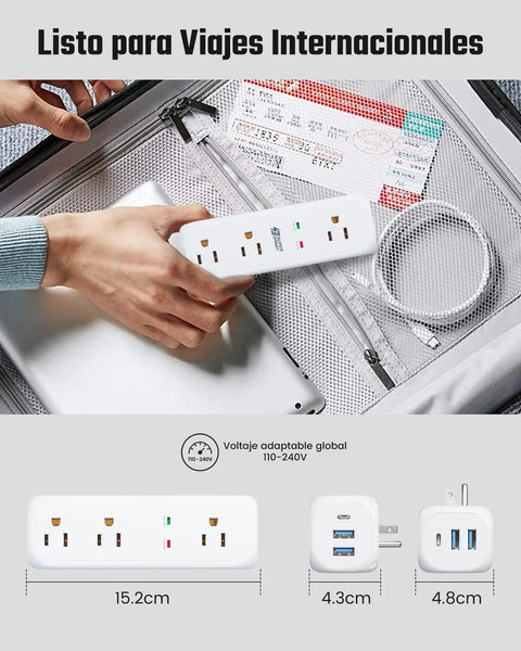 Person packing Beefed Up 9 Outlet Swivel Power Strip With 3 USB Ports And USB C 360 Degree Rotating Prongs Surge Protector in luggage