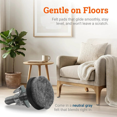 Reinforced 1/4-20 Thread Furniture Levelers 8 Pack With Thick Felt Pads Supports 400 Pounds on a hardwood floor with a couch.