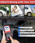 AL519 Enhanced OBD2 Scanner Car Diagnostic Tool with Check Engine Code Reader displaying data in front of vehicle in garage.