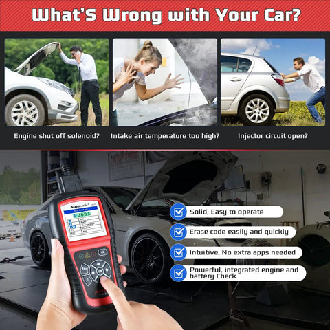 AL519 Enhanced OBD2 Scanner Car Diagnostic Tool with Check Engine Code Reader displaying data in front of vehicle in garage.
