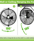 Wall or ceiling hanging setup illustration for 20 Inch Industrial Wall Mount Fan Featuring Hella Powerful 4600 CFM Airflow.