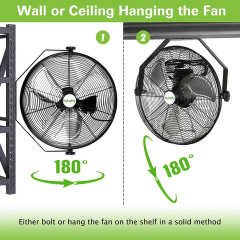 Wall or ceiling hanging setup illustration for 20 Inch Industrial Wall Mount Fan Featuring Hella Powerful 4600 CFM Airflow.