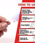 Instruction guide for Heavy Duty Super Glue for Fast, Strong Bond on Plastic, Wood, Metal and Crafts, Clear Liquid Adhesive With Quick Dry Cyanoacrylate Formula That Sets in 15 To 30 Seconds, No Clamp Required, Extra Long Pinpoint Nozzle For Precise Application, 2 Pack showing application steps.